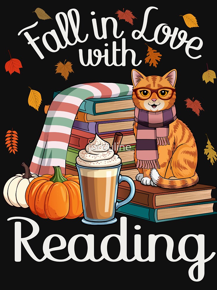 Cozy Autumn Cat Reading Books with Pumpkin Latte by jordyline