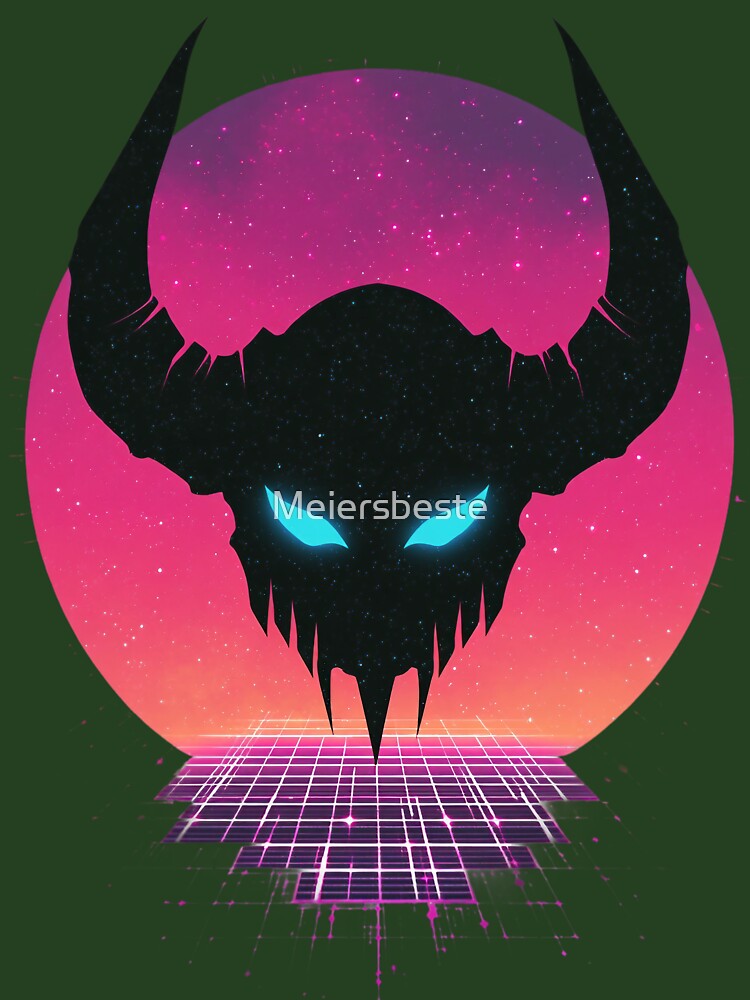 Synthwave Devil Emblem – Neon demon skull in front of a retro sun by Meiersbeste