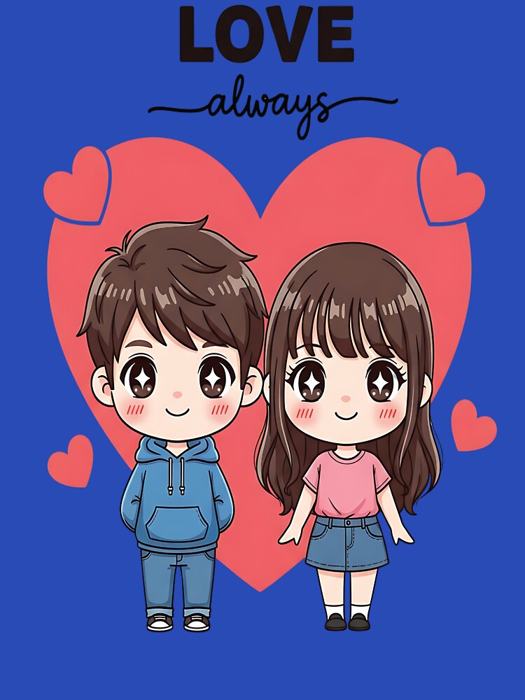 Love Always – Cute Kawaii Couple with Heart Illustration by Dhakagallere