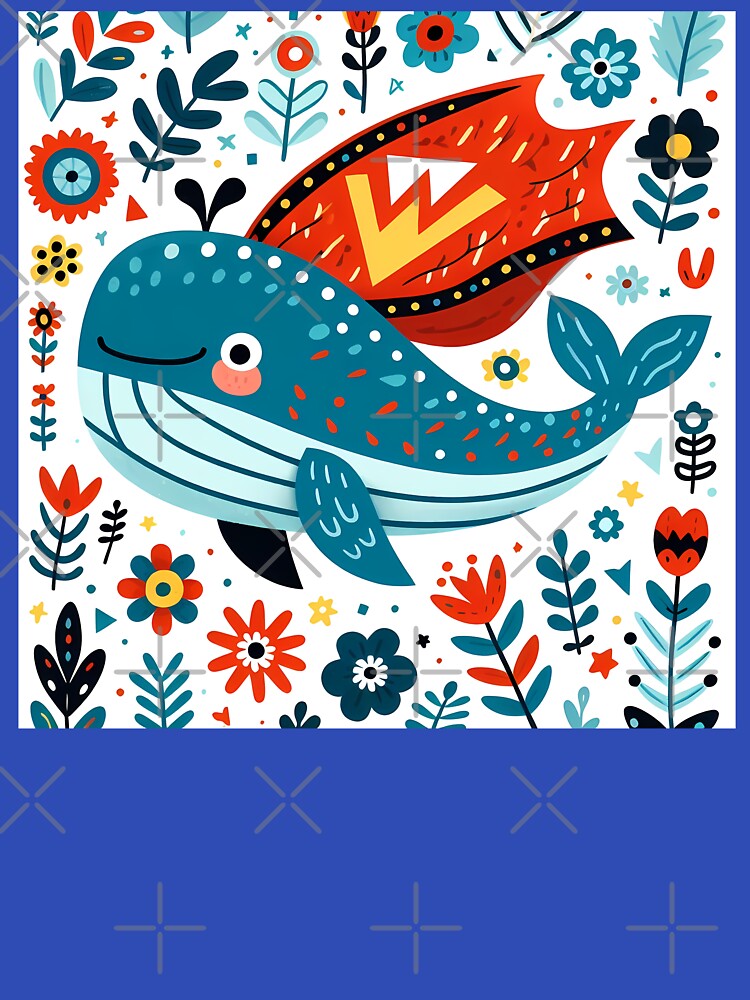 Cute Summer Blue Whale Superhero - Scandinavian Folk Art by heidiannemorris © by FOLK ART FUSION by heidiannemorris