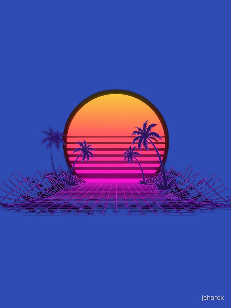 A bold and colorful 80s-inspired vaporwave design featuring neon palm trees, a retro sunset stiker poster gift by jaharek
