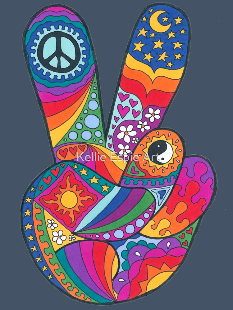 Psychedelic Peace Out Art White– Retro Hippie Rainbow Groovy Peace Design by Kellie Espie Art