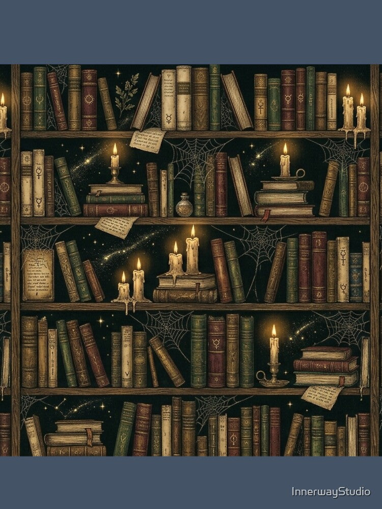 Antique Wizard Library Bookshelf & Candles Dark Academia Pattern by InnerwayStudio