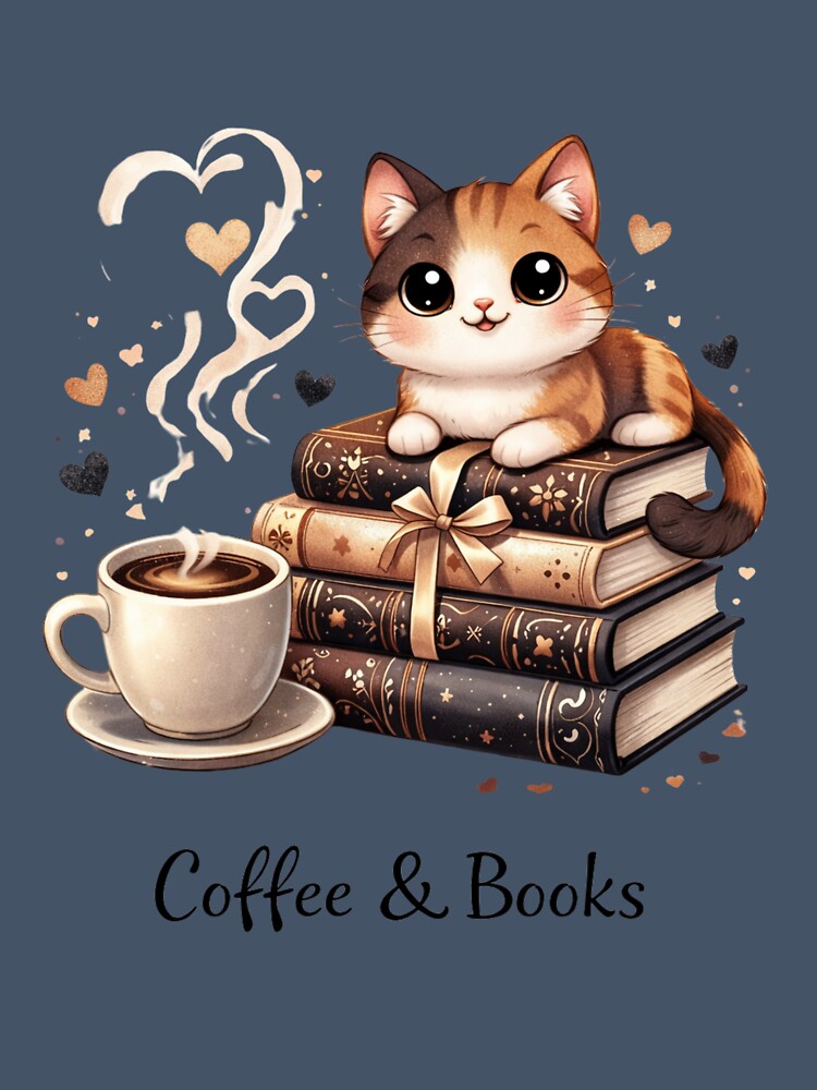 Cute Cat Coffee and Books Lover Aesthetic Design by PlynGraphics
