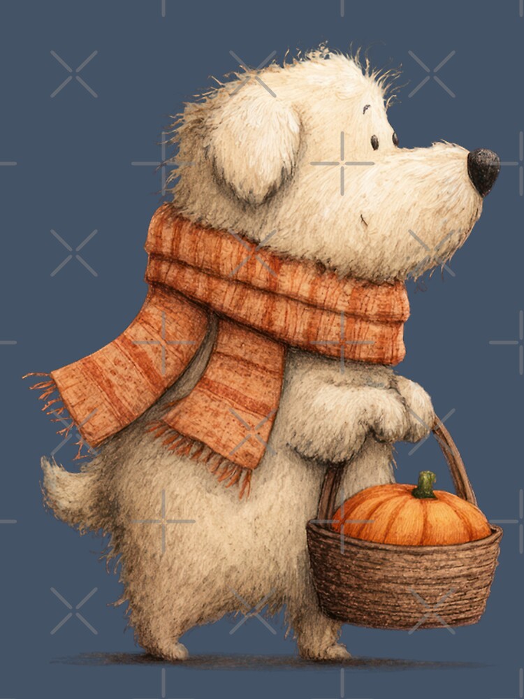 A fuzzy dog wearing a scarf carries a basket with a pumpkin. by Mauswohn
