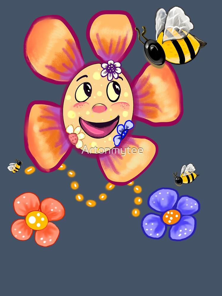 Vintage Retro Smiley Flower & Happy Bees – 70s Floral Good Vibes Design by Artonmytee