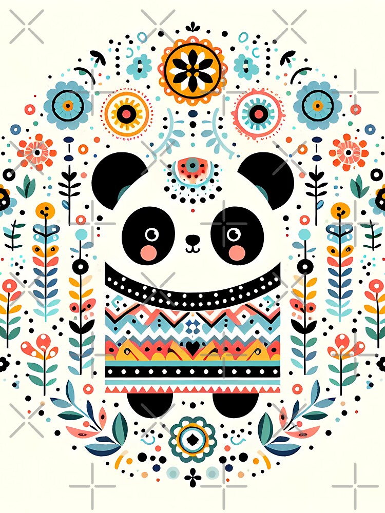Adorable Panda Bear Surrounded by Folk Art Botanicals - Scandinavian Folk Art by heidiannemorris © by FOLK ART FUSION by heidiannemorris