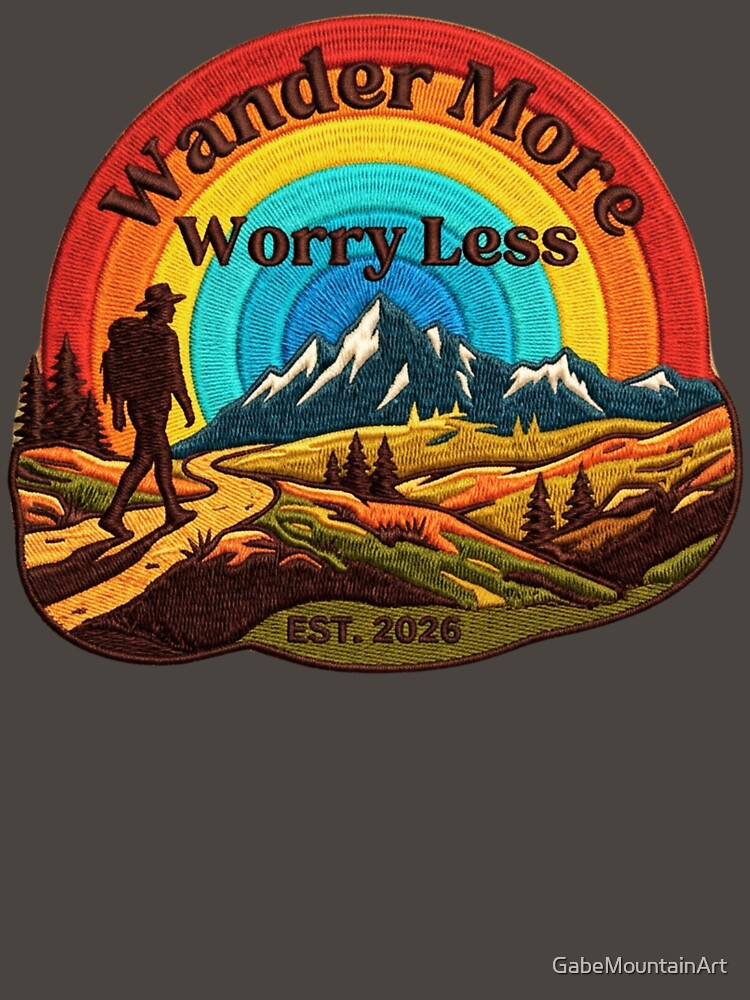 Wander More Worry Less Retro Mountain Hiker Badge by GabeMountainArt