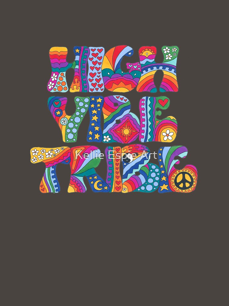 Psychedelic High Vibe Tribe Art White– Retro Hippie Rainbow Groovy Peace Design by Kellie Espie Art