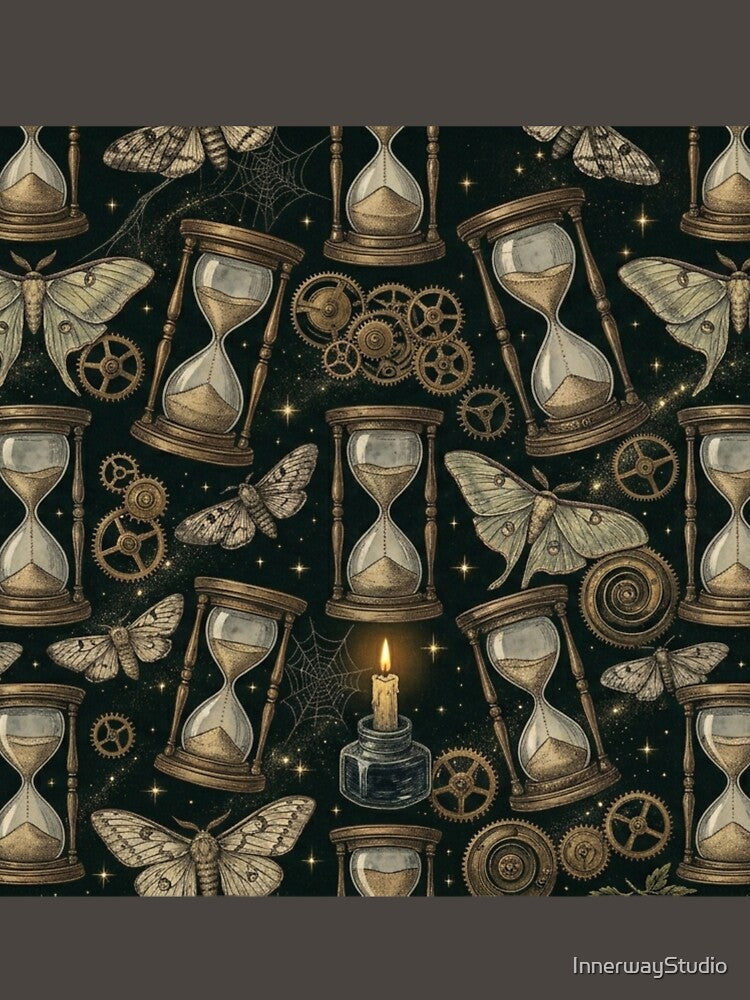 Vintage Hourglass & Moth Wings Dark Academia Steampunk Pattern by InnerwayStudio