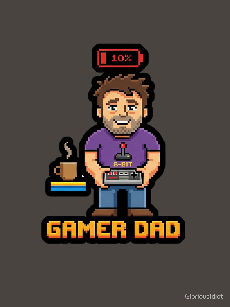 Gamer Dad 8-Bit Pixel Art Low Battery Funny Gaming by GloriousIdiot