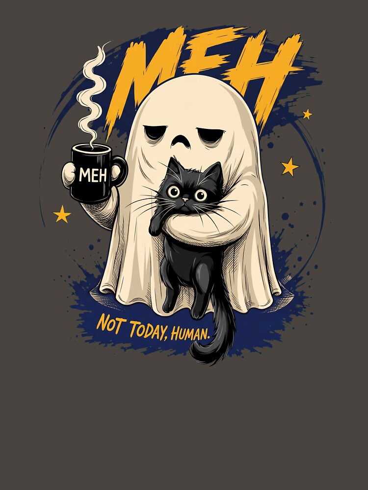 Funny Meh Ghost Holding Black Cat Coffee by Vermanartist