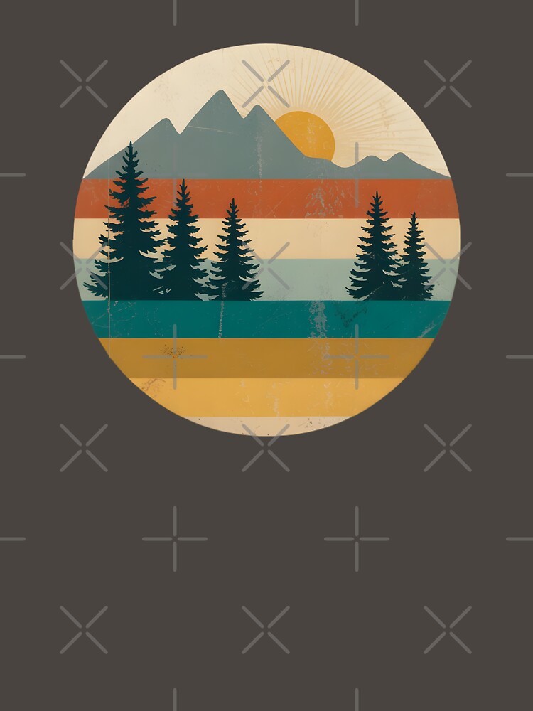 Retro Mountain Sunrise Circle Design – Vintage Forest Hiking and Camping Art by Free Soul Designs