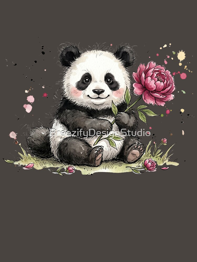 Cute Watercolor Baby Panda with Pink Peony Flower by BreezifyDesignStudio