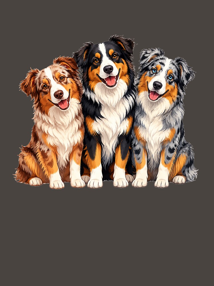 Three Happy Australian Shepherds | Colorful Aussie Dog Vector Illustration by Golden Era Studio