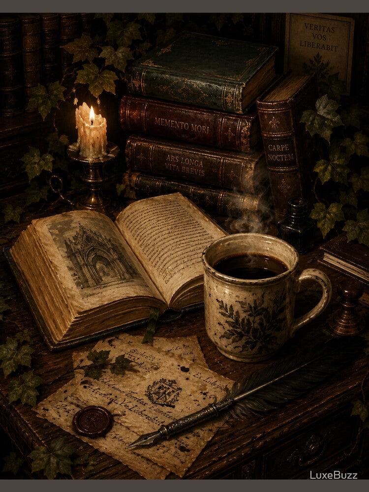 Dark Academia Coffee Study Vintage Oil Painting | Gothic Library Books & Candle Aesthetic by LuxeBuzz