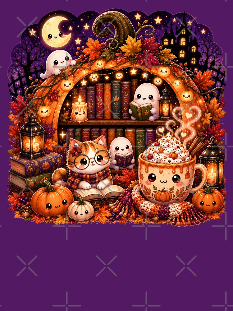 Cute Kawaii Halloween Ghost Library Shirt | Cozy Pumpkin Spice Coffee Book Cat Autumn Reading Aesthetic Design by ALH Apparel