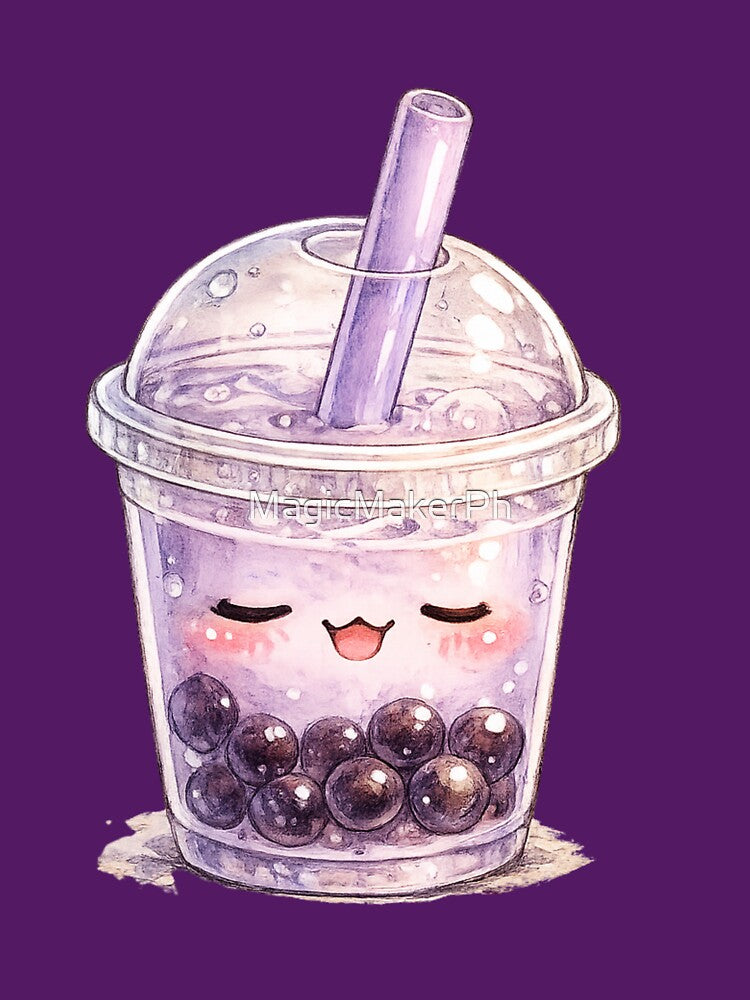 Cute Kawaii Boba Tea Watercolor – Sleepy Bubble Tea Character in Pastel Purple by MagicMakerPh