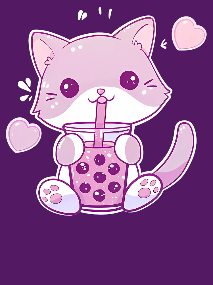 Purple Kawaii Cat Drinking Boba Tea by LarkspurAndTea