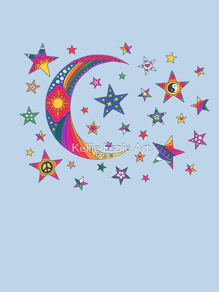 Psychedelic Crescent Moon Art Blue– Retro Hippie Rainbow Groovy Peace Design by Kellie Espie Art
