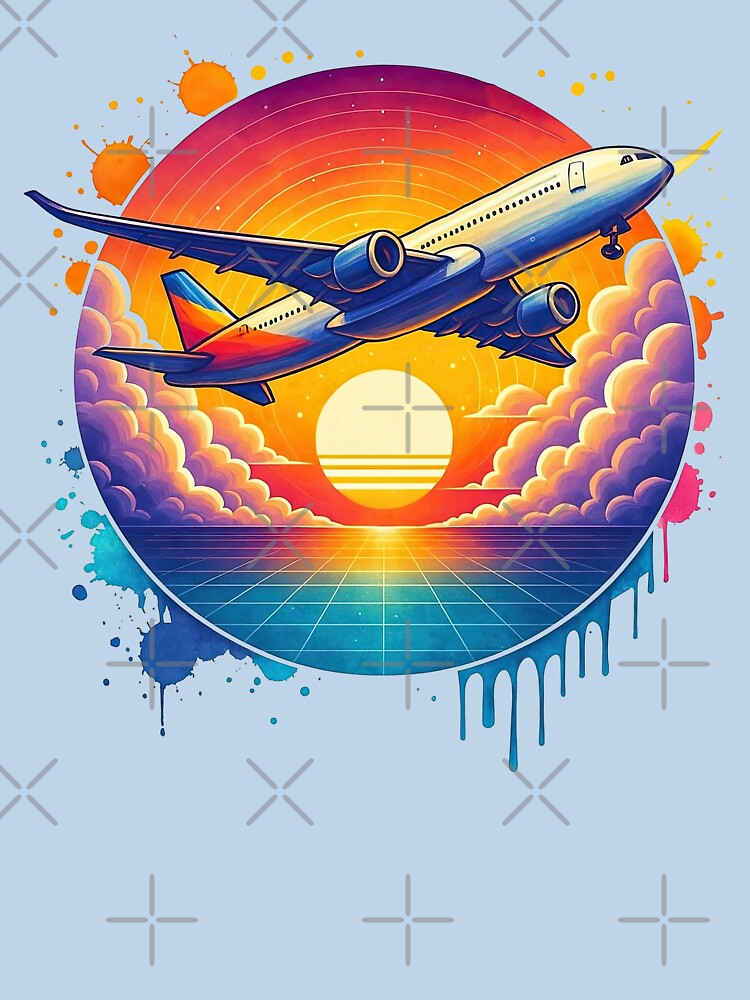 Retro Sunset Jetliner with Neon Clouds and Grid by ArtfulWeave
