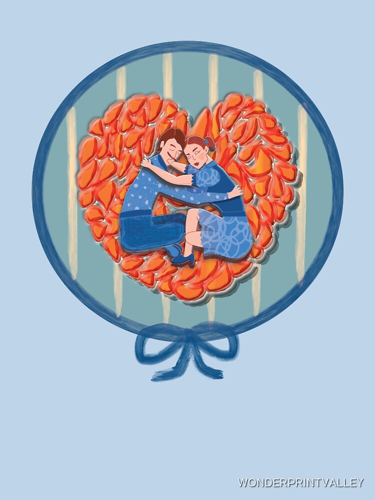 Mid-century pattern of a couple embracing on an orange rice cake, with blue watercolor details by WONDERPRINTVALLEY