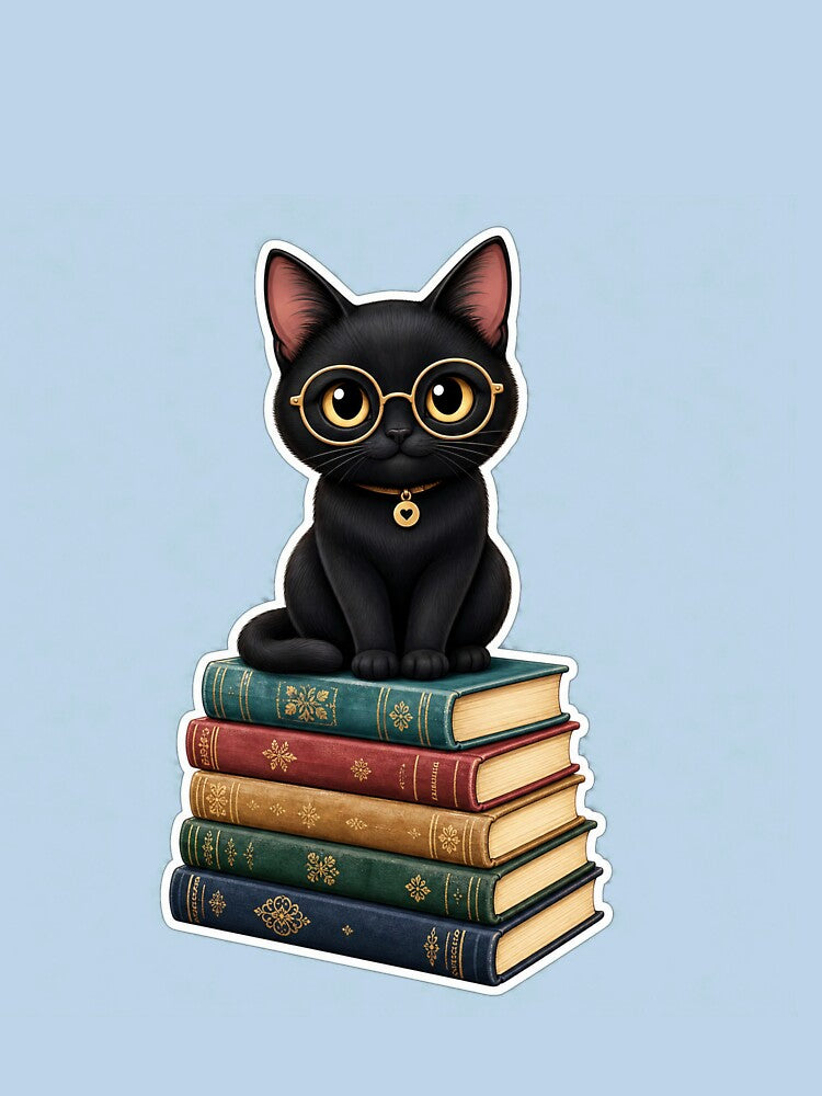 Cute Black Cat Reading Books Minimalist Sticker by Aliplus+