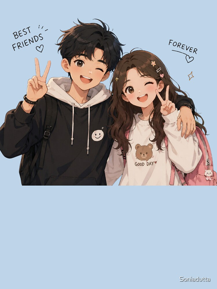 Cute Anime Best Friends Forever | Kawaii BFF Duo | Friendship Aesthetic Illustration by Sonia dutta_art