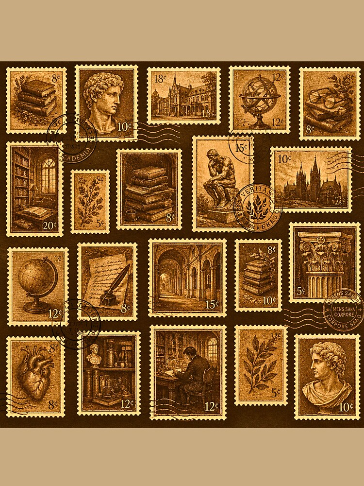 Dark Academia Vintage Sepia Stamp Pattern | Antique Library & Classical Collage by lavanya11