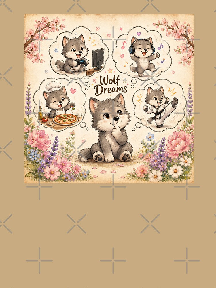 Wolf Dreams | Cute Wolf Puppy Dreaming Gaming Music Pizza & Karate Watercolor Floral Animal Illustration by HOUSE OF TIST
