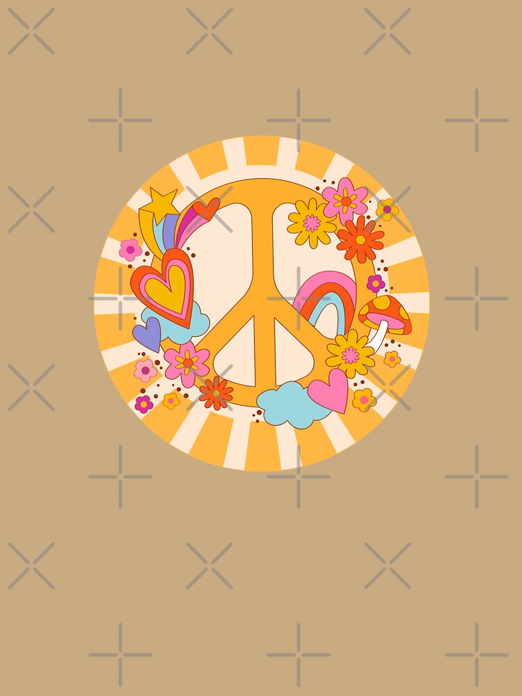 Peace Love Happiness – Retro 70s Aesthetic Design with Mushrooms, Hearts & Positivity by Unfound Gem