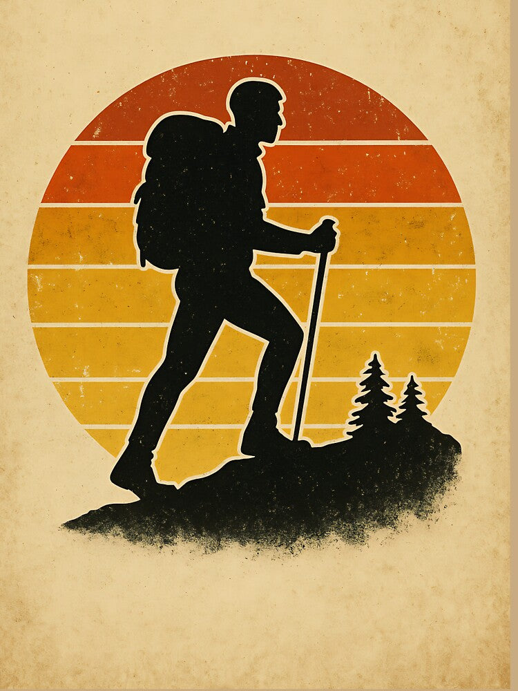 Copy of Vintage Retro Hiking Decal | Distressed Sunset Hiker Silhouette by Ganesh1996