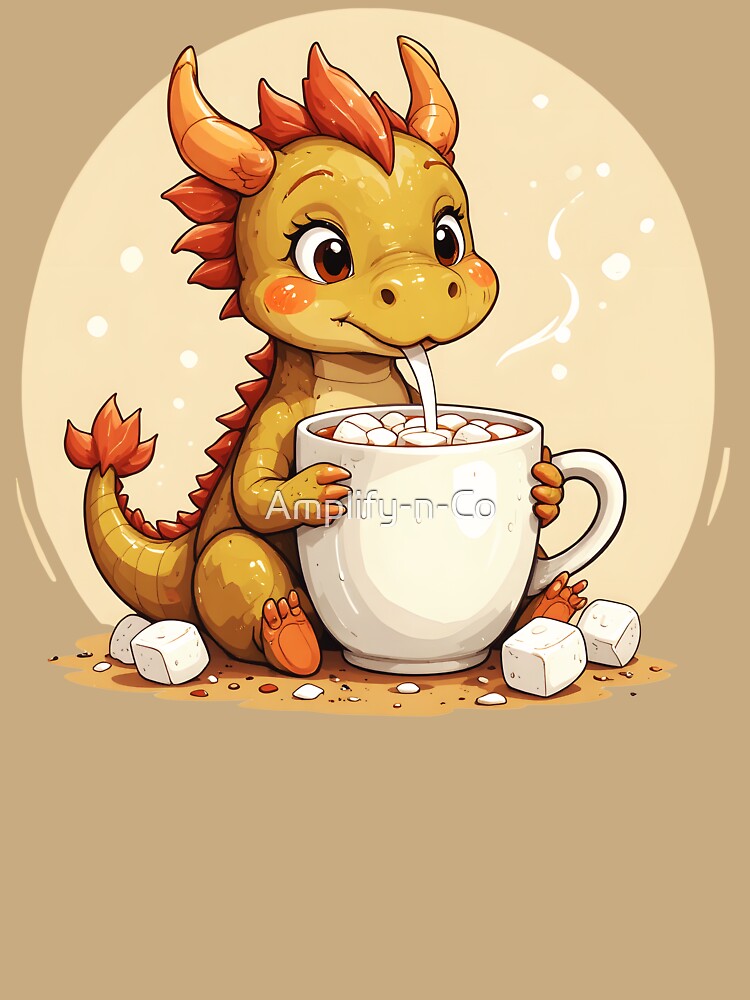 Cute Baby Dragon Drinking Hot Chocolate - Adorable Cozy Kids Kawaii Dragon Design by Amplify-n-Co