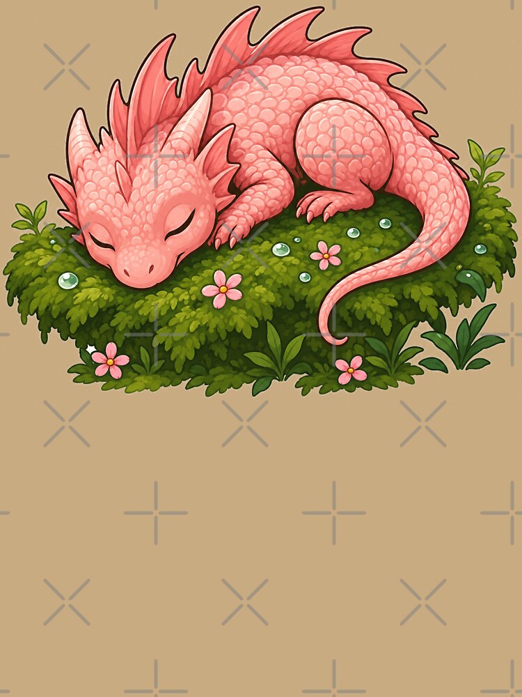 Sleeping Pink Baby Dragon on Moss – Cute Cozy Fantasy Dragon Art by Hatchling Hollow