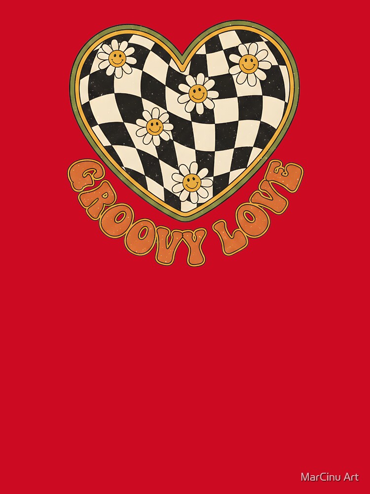 Retro Checkered Heart Daisy Groovy Love Aesthetic by MarCinu Art