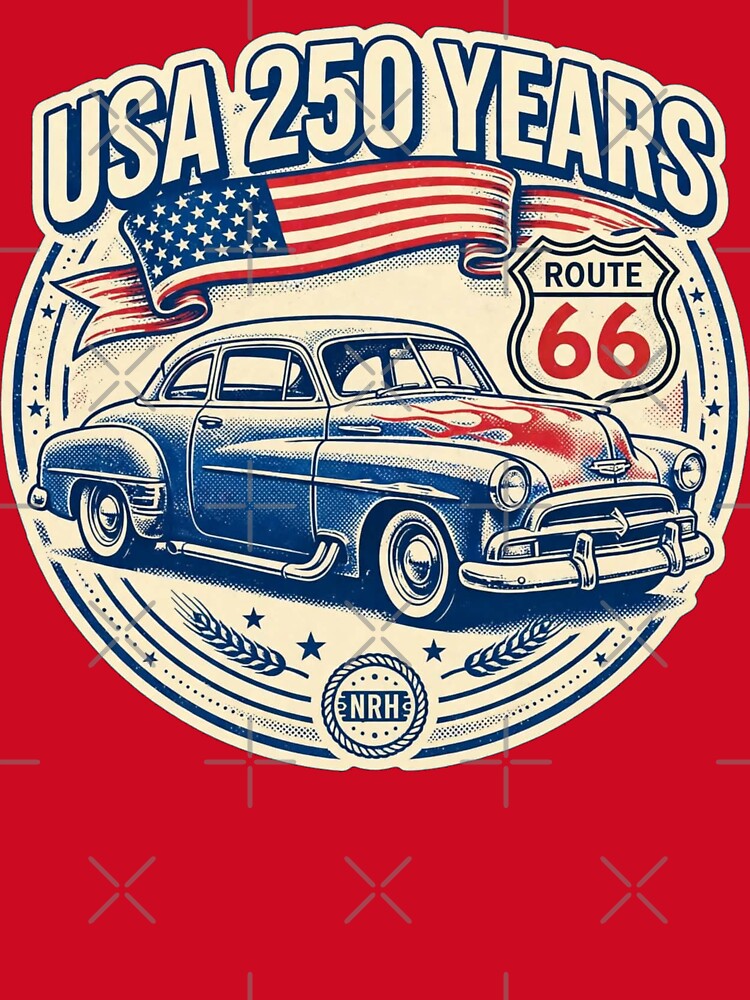 USA 250 Years Route 66 Classic Car American Flag Vintage Art by Normandy Road Heritage™ - Vintage Garage Art