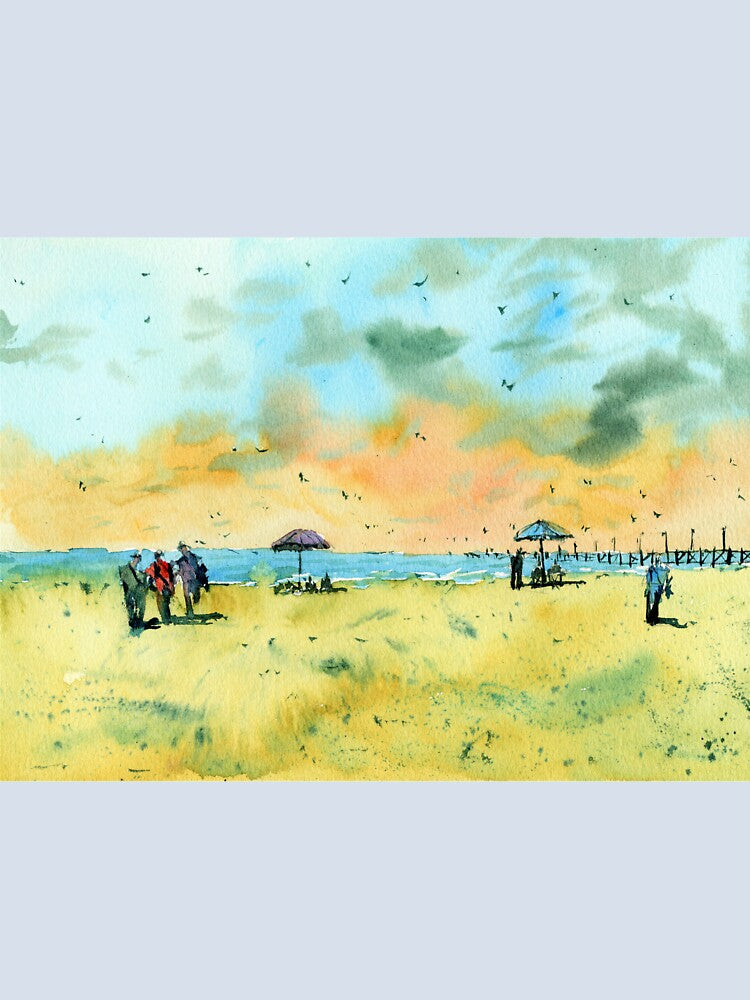 Hot and Sunny Beach Landscape Painting with people by darrenyeoart