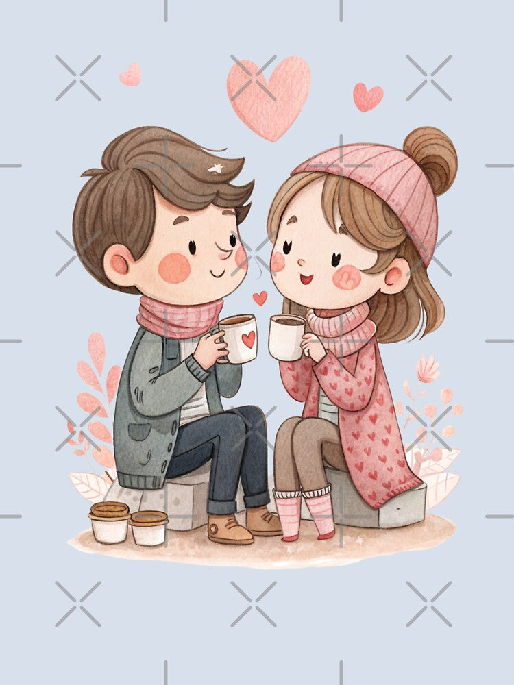 Adorable Couple Drinking Coffee Romantic Cute Valentine Design by Lulunza