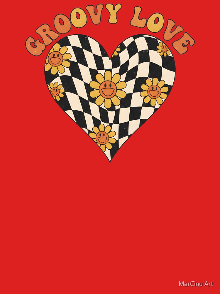 Groovy Love Retro Checkerboard Heart with Daisies by MarCinu Art