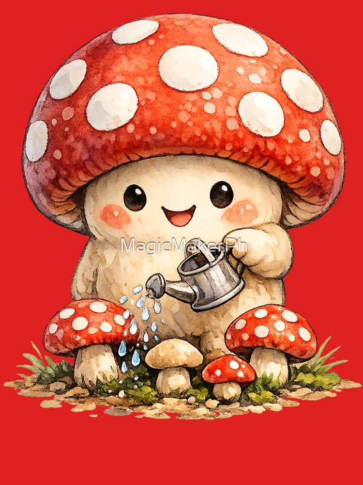 Kawaii Mushroom Gardener Illustration – Cute Red Cap Watering Baby Mushrooms Art by MagicMakerPh