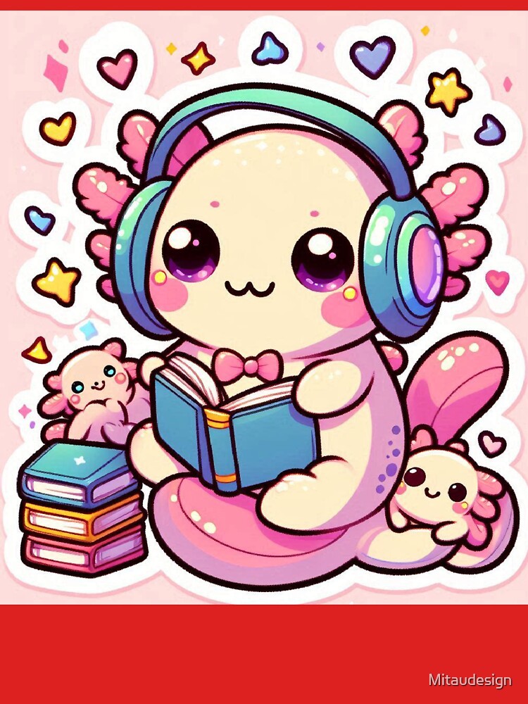 Cute Kawaii Axolotl Cat Reading a Book with Headphones – Cozy Pastel Cartoon Sticker by Mitaudesign