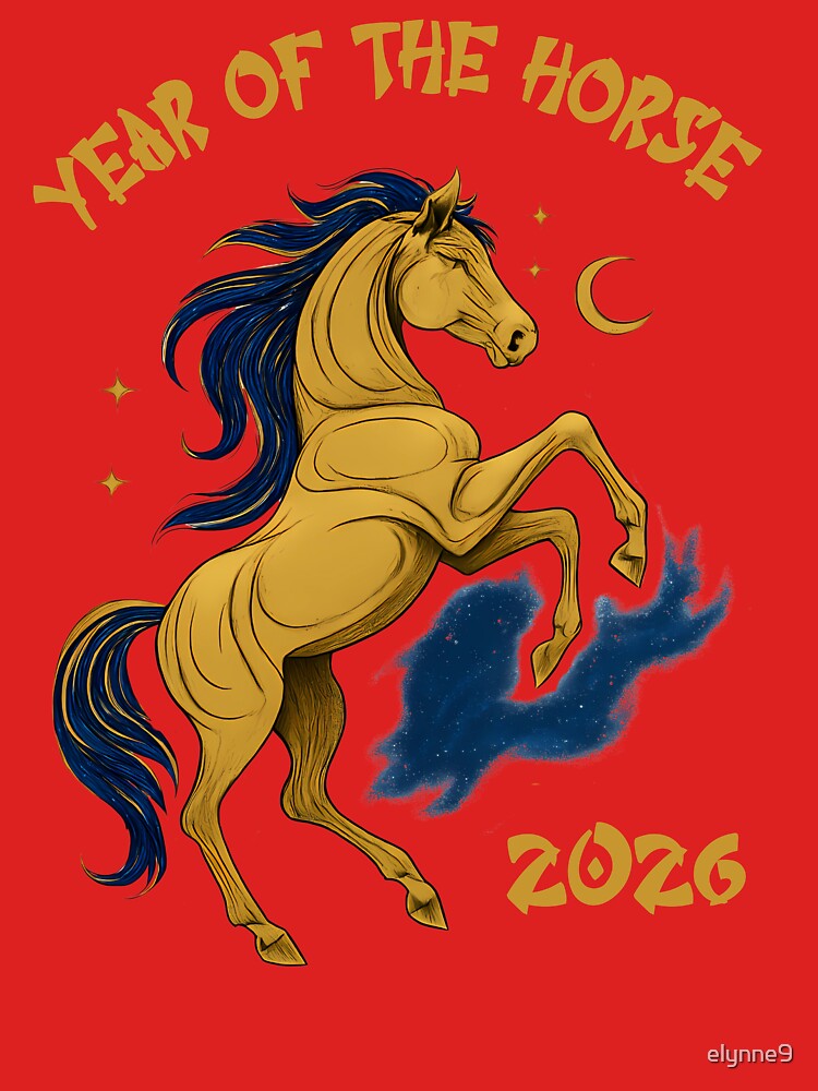 Year of the Horse 2026: Celestial Gold and Blue Zodiac Art by elynne9