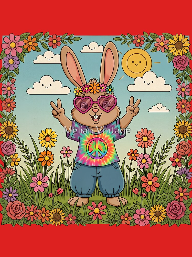 Groovy Hippie Bunny - Retro 70s Flower Power & Peace by Melian Vintage