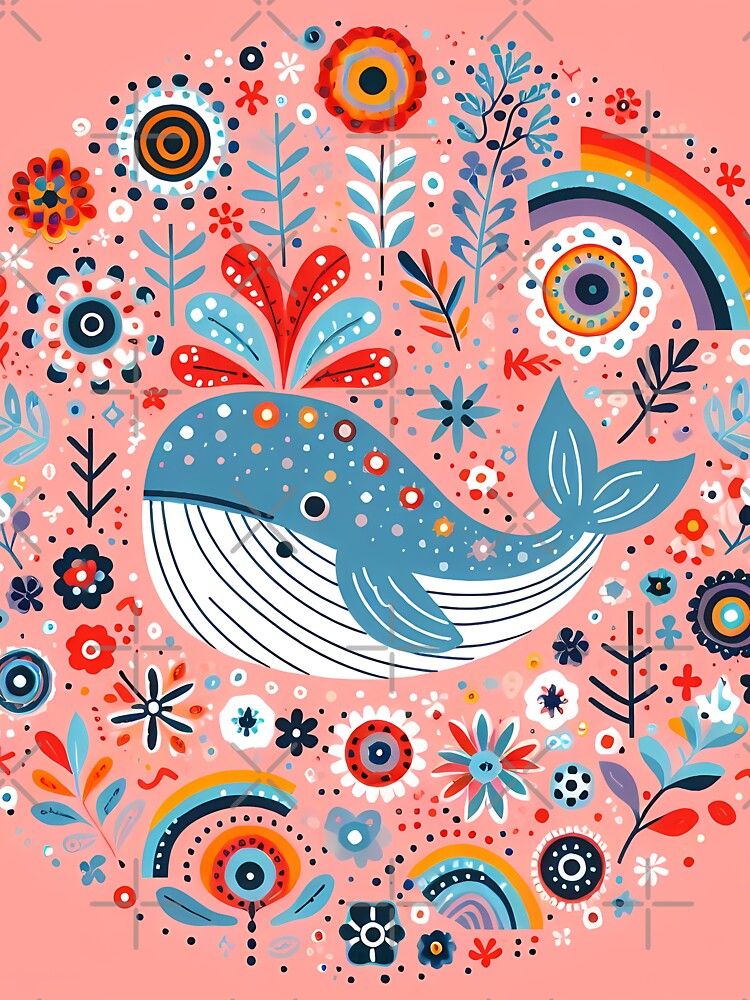 Cute Blue Whale with Spout and Rainbow - Scandinavian Folk Art by heidiannemorris © by FOLK ART FUSION by heidiannemorris