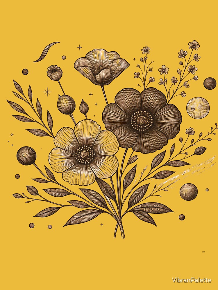 Celestial Botanical Bouquet Brown Line Art by VibranPalette