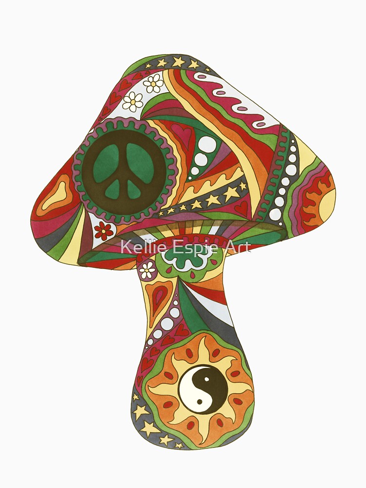 Vintage Psychedelic Mushroom Art White– Retro Hippie Rainbow Groovy Peace Design by Kellie Espie Art