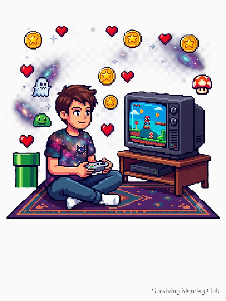 Retro Pixel Gamer Boy - 80s Gaming Setup by Surviving Monday Club