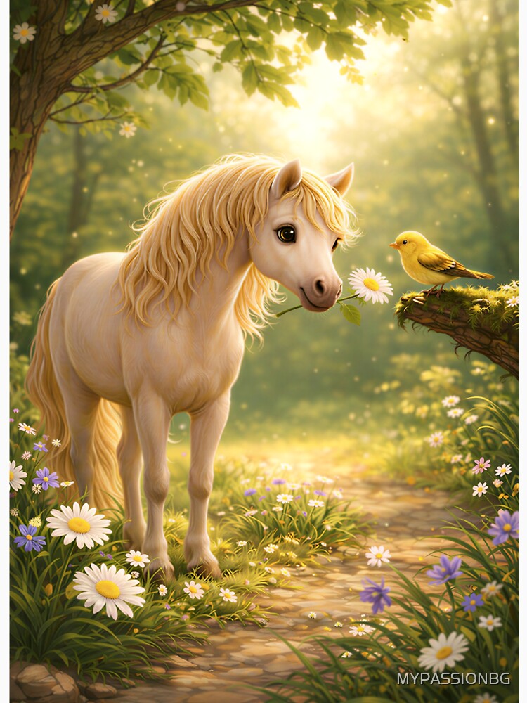 Little Horse Giving a Flower to a Yellow Bird – Nursery & Kids Illustration by MYPASSIONBG