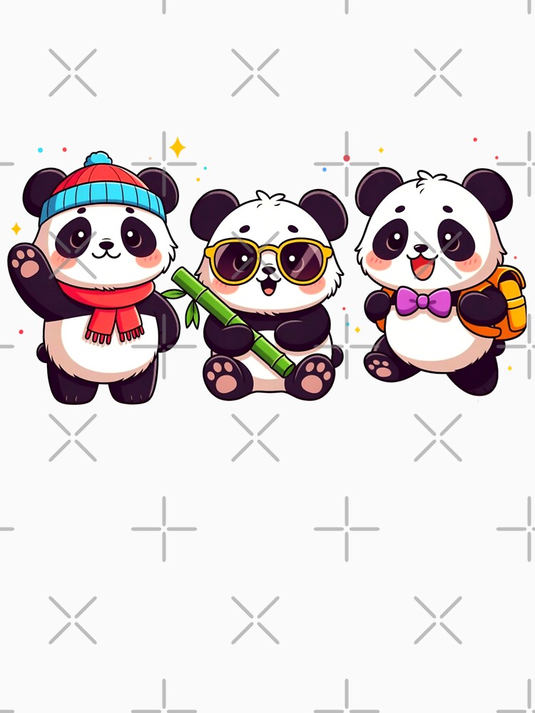 Cute Kawaii Pandas Trio Cartoon Panda Friends Art by ExploreAura Studio