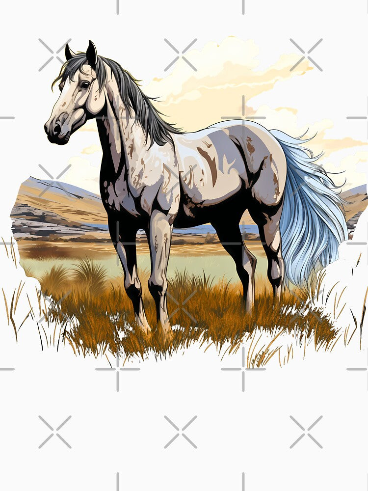Beautiful grey arabian horse grazing on a country meadow illustration by NBSStore